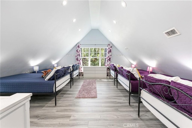 28281 Arbon Ln, Lake Arrowhead, CA 92352 - bedroom featuring light wood-style flooring, lofted ceiling, and recessed lighting