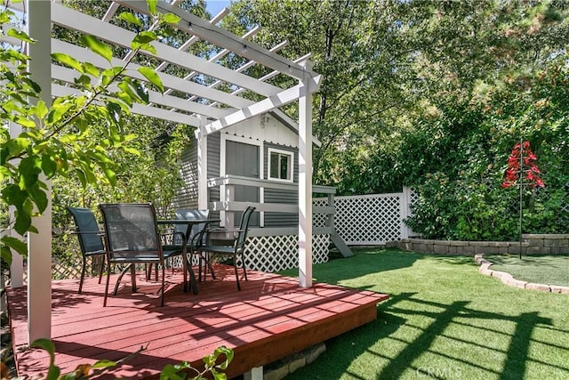 28281 Arbon Ln, Lake Arrowhead, CA 92352 - wooden deck featuring a pergola, a yard, and outdoor dining area