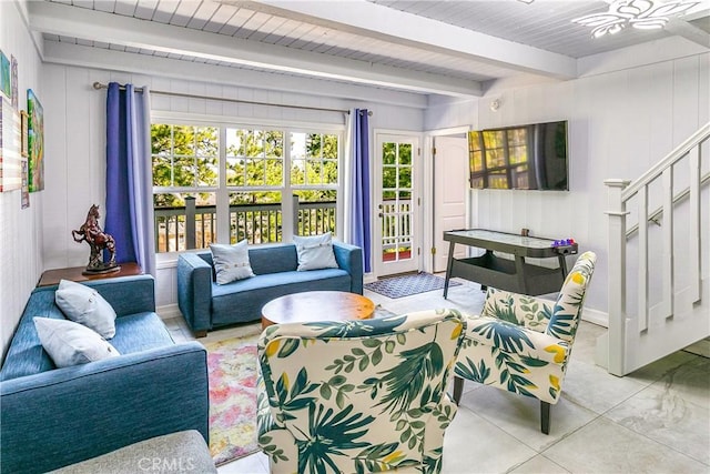 28281 Arbon Ln, Lake Arrowhead, CA 92352 - living room with beam ceiling and stairway