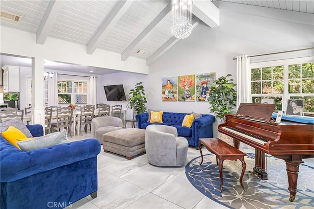 28281 Arbon Ln, Lake Arrowhead, CA 92352 - living room featuring a chandelier, beam ceiling, healthy amount of natural light, and high vaulted ceiling