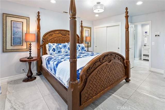 28281 Arbon Ln, Lake Arrowhead, CA 92352 - bedroom with baseboards, a closet, recessed lighting, and light tile patterned floors