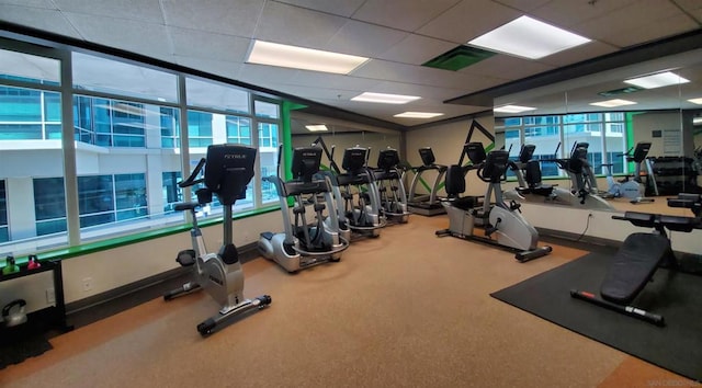 exercise room featuring a paneled ceiling, carpet, and a healthy amount of sunlight