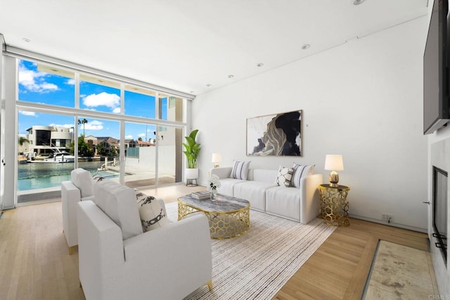 living room featuring floor to ceiling windows and light wood-type flooring