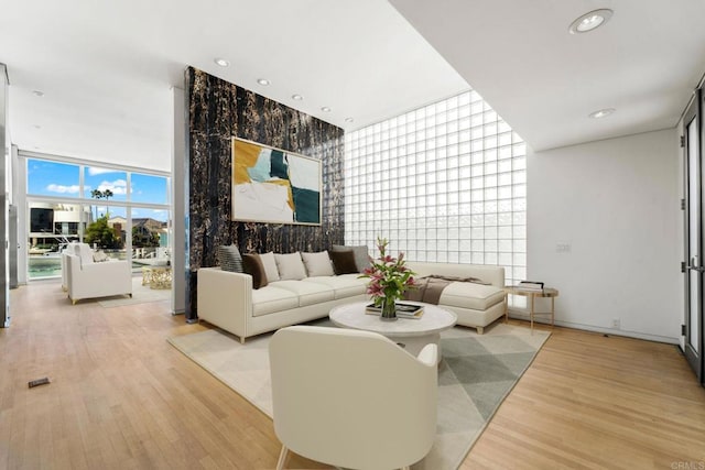 living room featuring floor to ceiling windows and light wood-type flooring