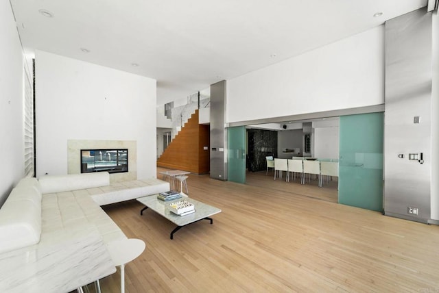 living room featuring hardwood / wood-style floors and a fireplace