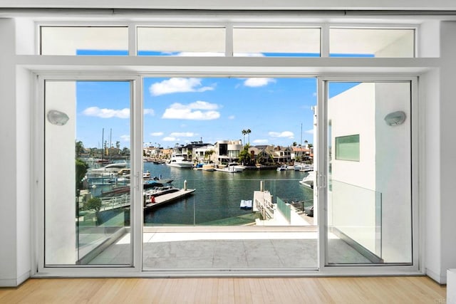 doorway featuring hardwood / wood-style floors and a water view