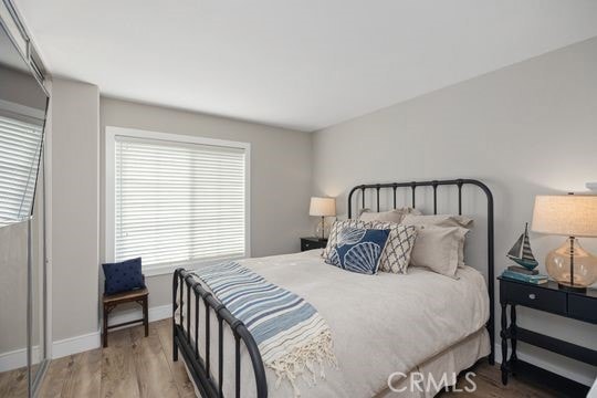 bedroom featuring wood-type flooring and multiple windows