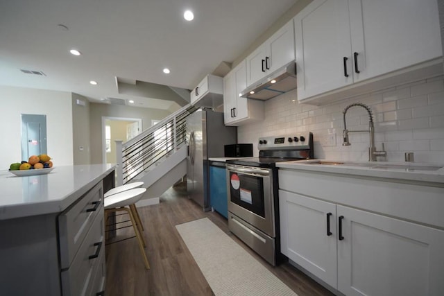 kitchen with tasteful backsplash, white cabinetry, sink, stainless steel appliances, and dark wood-type flooring