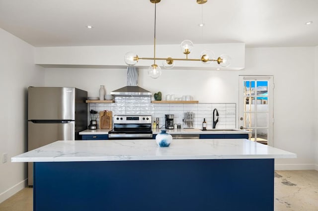 kitchen featuring exhaust hood, hanging light fixtures, sink, light stone countertops, and stainless steel appliances