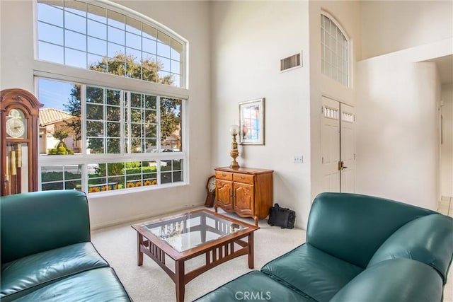 living area with a high ceiling and carpet floors