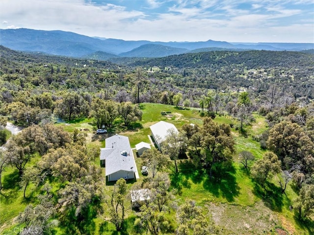 aerial view with a mountain view and a wooded view