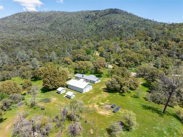 birds eye view of property featuring a mountain view and a wooded view