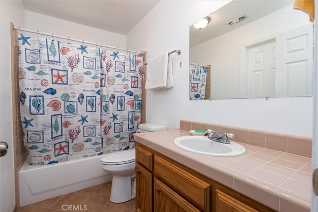 bathroom featuring vanity, visible vents, tile patterned flooring, shower / bath combination with curtain, and toilet