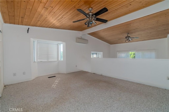 carpeted spare room with lofted ceiling, ceiling fan, a wall mounted air conditioner, and wooden ceiling