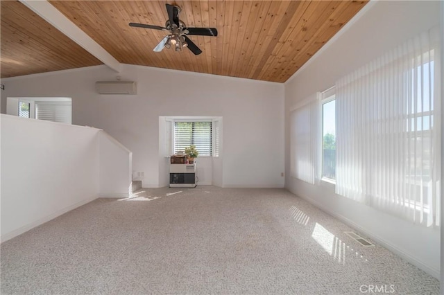 unfurnished living room with vaulted ceiling with beams, a wall mounted AC, wooden ceiling, and visible vents