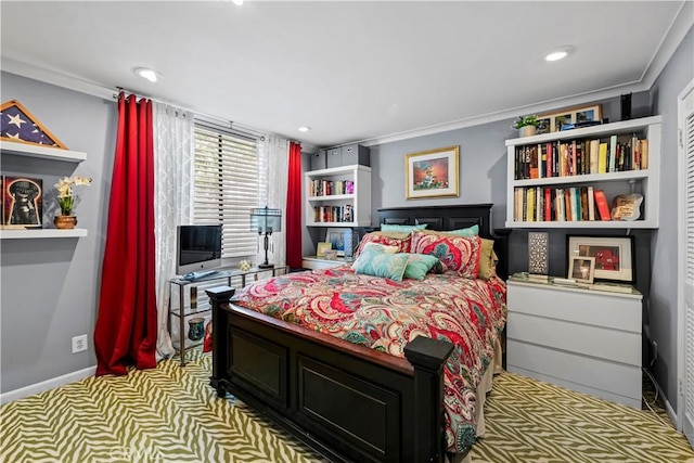 bedroom with light carpet and crown molding