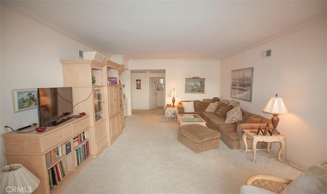 carpeted living room with crown molding