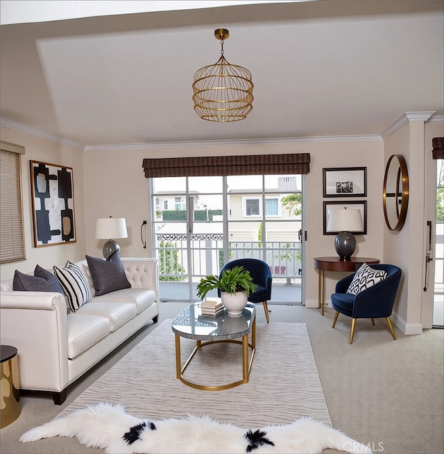 living room with light colored carpet, a healthy amount of sunlight, and ornamental molding