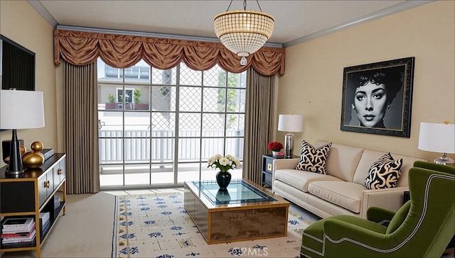 living room with crown molding and a notable chandelier