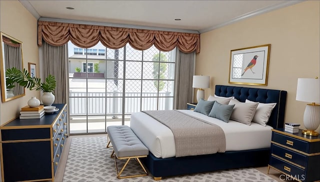 bedroom with access to outside and ornamental molding