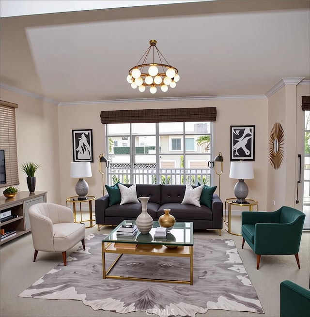 living room with an inviting chandelier, ornamental molding, light colored carpet, and a healthy amount of sunlight
