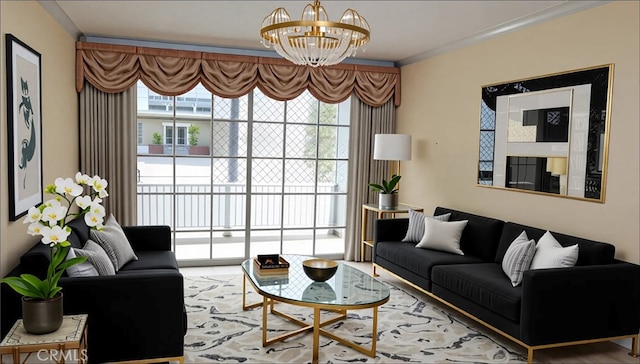 living room featuring crown molding and a chandelier