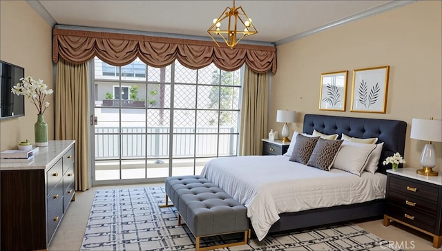 bedroom featuring an inviting chandelier, ornamental molding, and access to outside