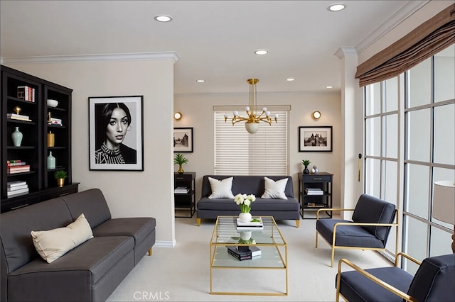 living room with a chandelier, ornamental molding, baseboards, and recessed lighting