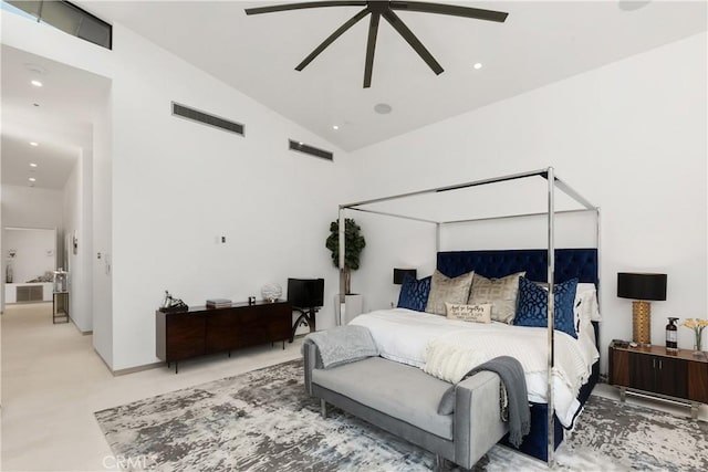 bedroom featuring high vaulted ceiling and ceiling fan