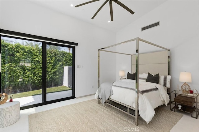 bedroom featuring high vaulted ceiling and ceiling fan