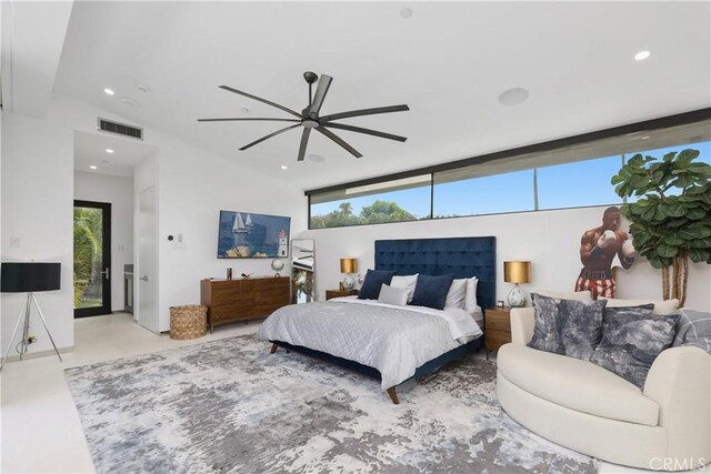 bedroom with access to exterior, ceiling fan, and lofted ceiling