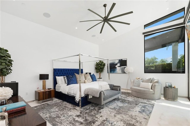 bedroom with vaulted ceiling and ceiling fan