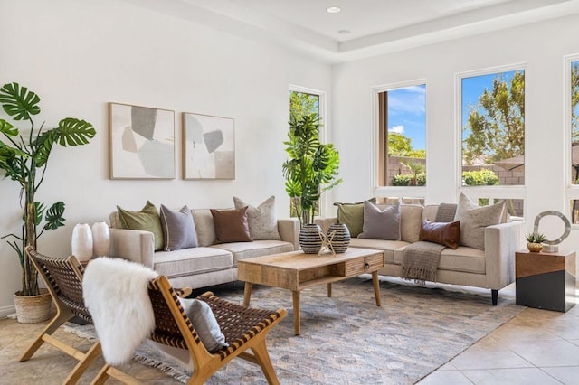 living room featuring light tile patterned floors