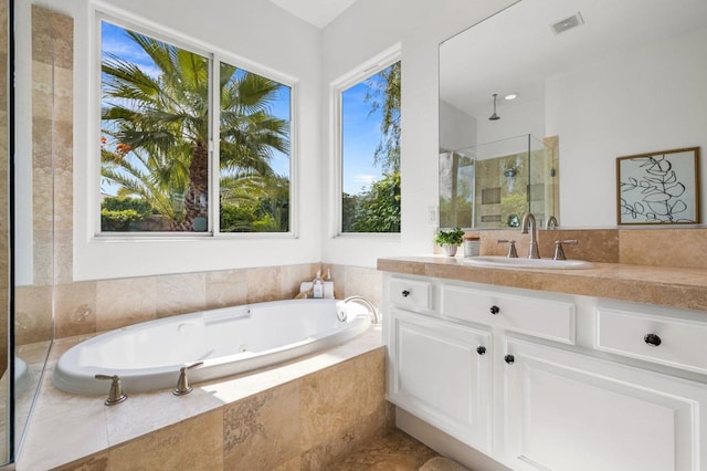 bathroom with plenty of natural light, plus walk in shower, and vanity