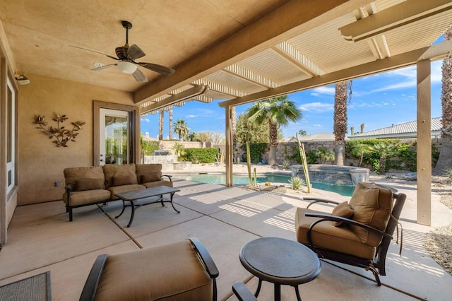 view of patio with ceiling fan, a swimming pool with hot tub, and a pergola