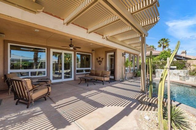 view of patio featuring outdoor lounge area and a pergola