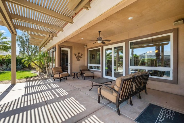 view of patio / terrace featuring ceiling fan, an outdoor living space, and a pergola