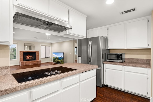 kitchen featuring appliances with stainless steel finishes, dark hardwood / wood-style flooring, exhaust hood, a fireplace, and white cabinetry