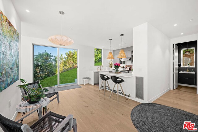 living room featuring sink and light hardwood / wood-style floors