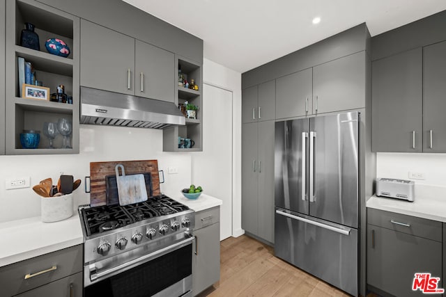 kitchen featuring gray cabinetry, premium appliances, and light hardwood / wood-style flooring