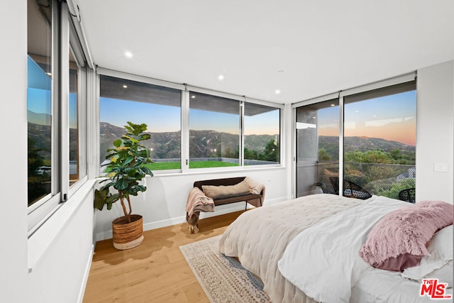 bedroom featuring light hardwood / wood-style flooring, a mountain view, access to exterior, and expansive windows