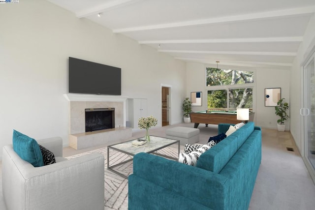 carpeted living room featuring a fireplace, lofted ceiling with beams, and billiards