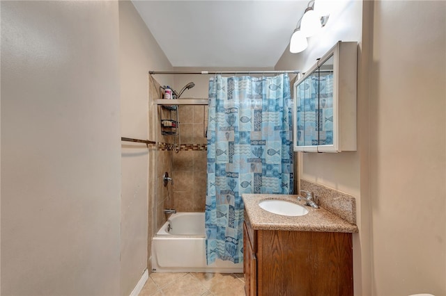 bathroom with tile patterned flooring, vanity, and shower / bath combo with shower curtain