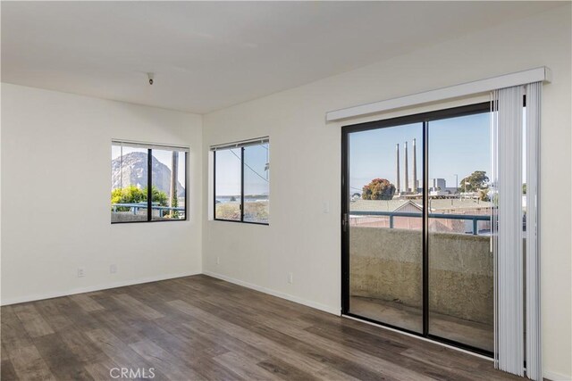 spare room featuring a mountain view and dark hardwood / wood-style flooring