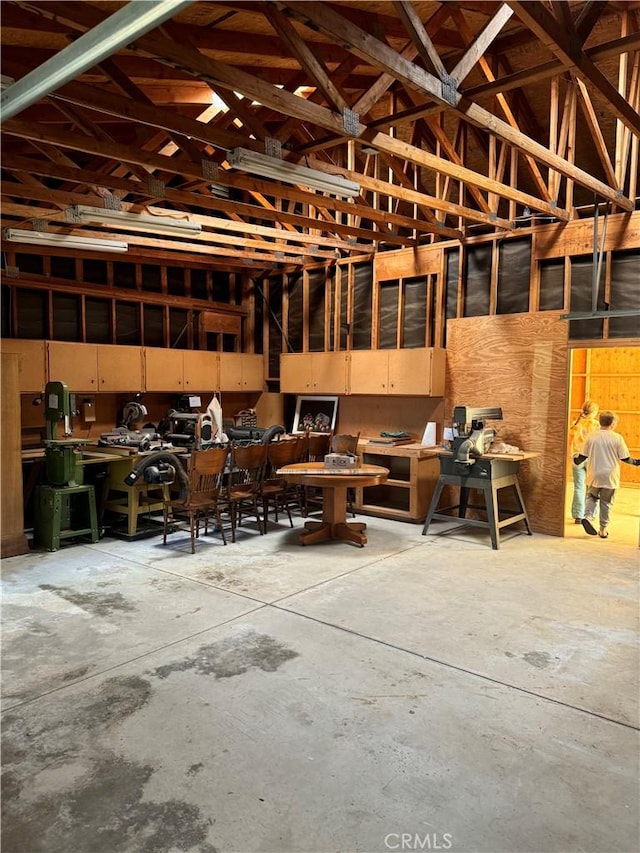 garage with a workshop area