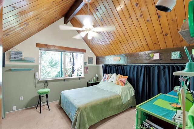bedroom featuring light colored carpet, a ceiling fan, baseboards, wooden ceiling, and lofted ceiling
