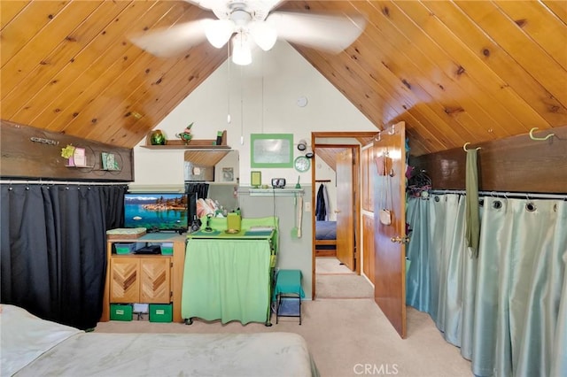carpeted bedroom with wood ceiling and lofted ceiling