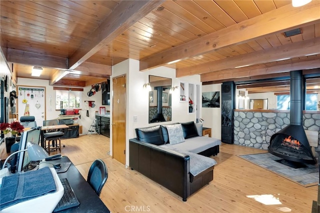 living room with wood ceiling, beamed ceiling, wood finished floors, and a wood stove