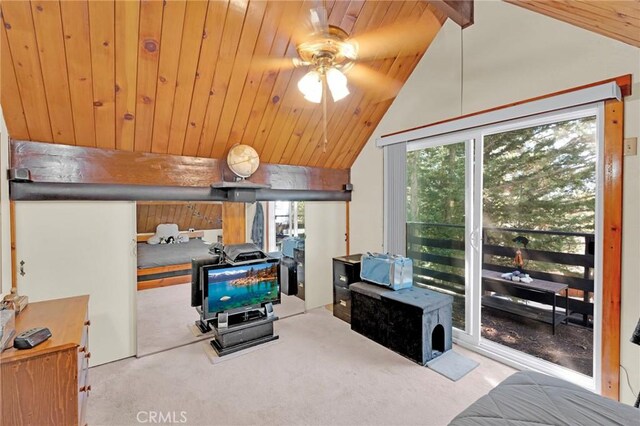 bedroom with carpet flooring, lofted ceiling with beams, and wooden ceiling