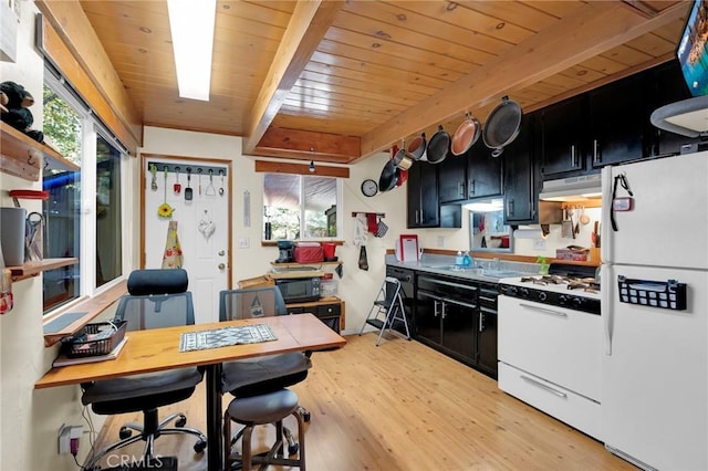 kitchen with white appliances, light hardwood / wood-style flooring, plenty of natural light, and wooden ceiling